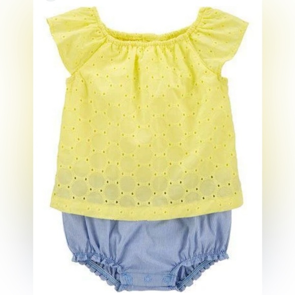 Carter’s Yellow Striped Blue Eyelet Romper Baby Girl NB Newborn - Picture 1 of 4